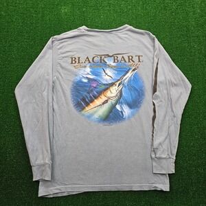 Black Bart Tshirt Mens Small Blue Long Sleeve Graphic Fishing Hook Rope Marlin